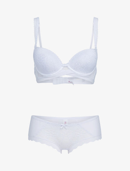 Ensembles à bretelles à bords dentelle et shorty ajouré - blanc - 3