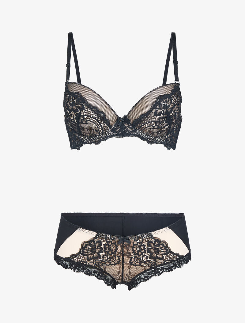 Ensemble emboitant en résille et dentelle - beige - 1