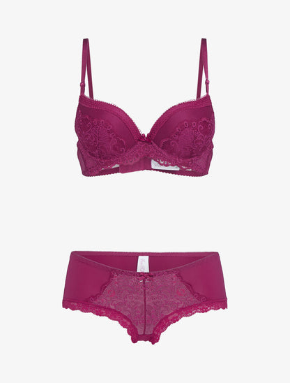 Ensemble push-up en résille et dentelle - bordeaux - 1