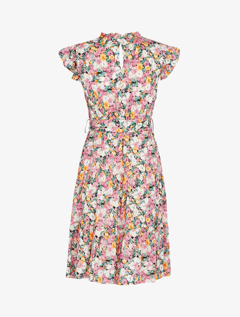 Robe fleurie à col montant volanté - rose - 2
