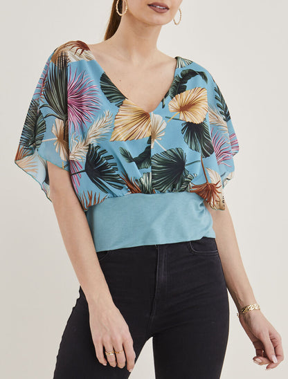 Top chauve souris en voile imprimé - turquoise - 1