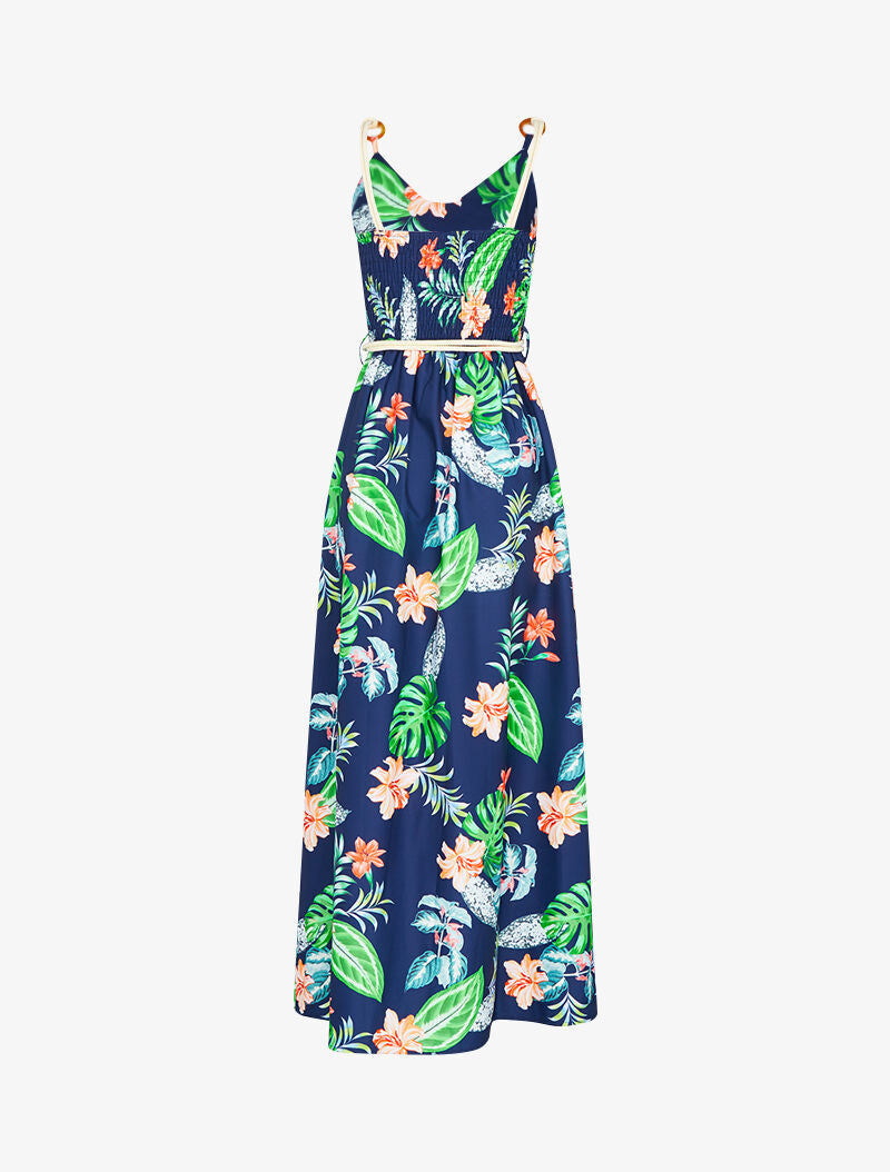 Robe longue imprimée à bretelles en cordelettes - marine - 3