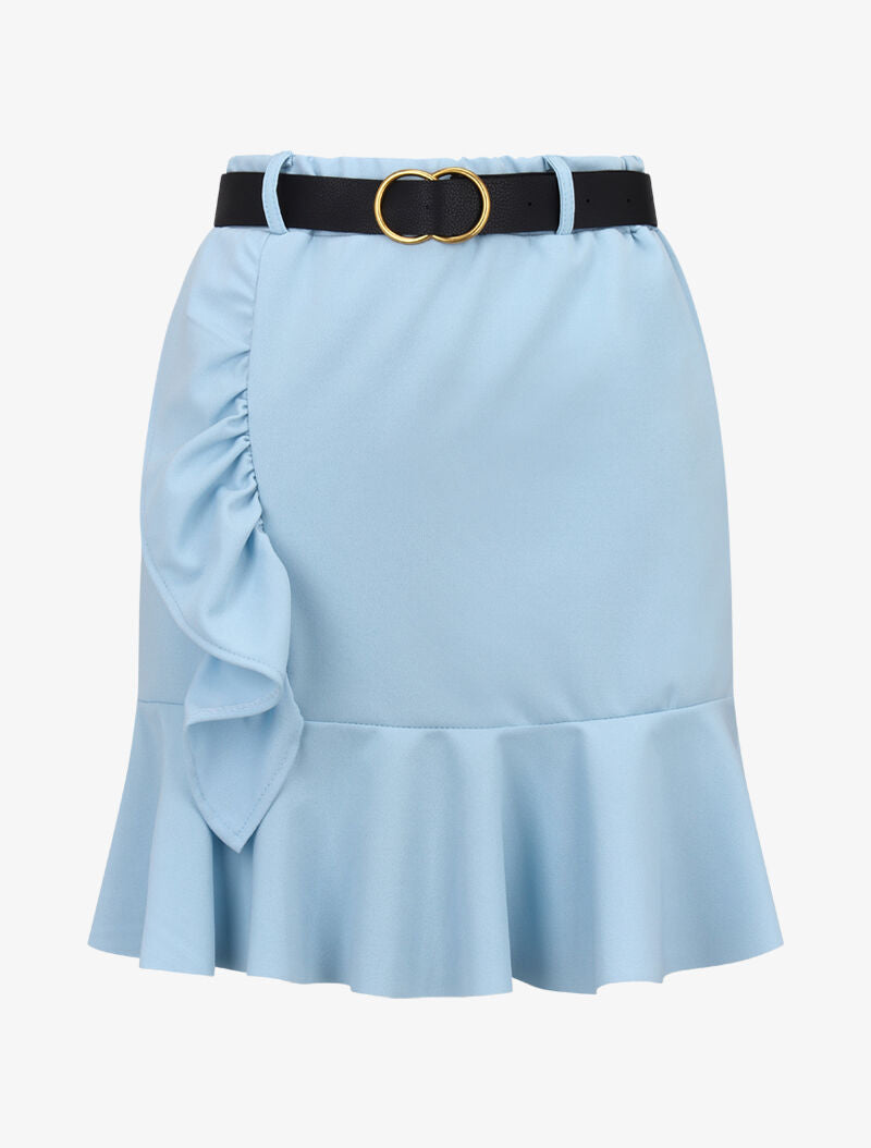 Jupe volantée avec ceinture simili - bleu ciel - 1
