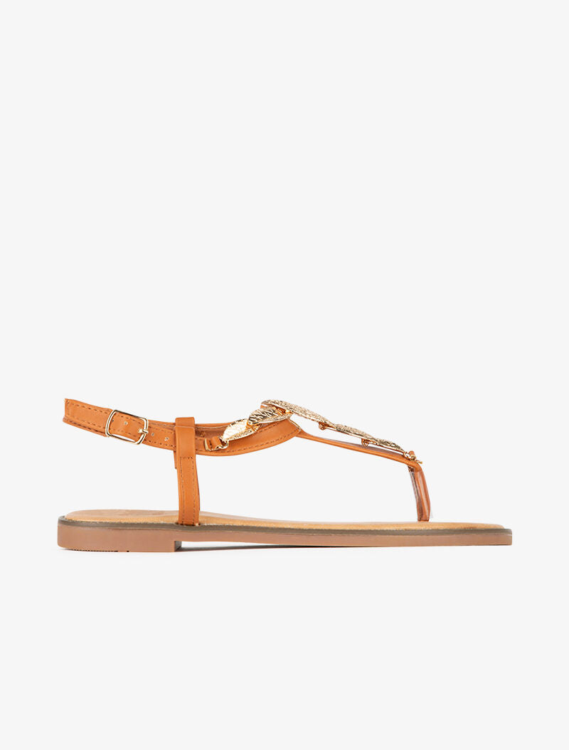 Nu-pieds ornés de feuilles dorées - camel - 1