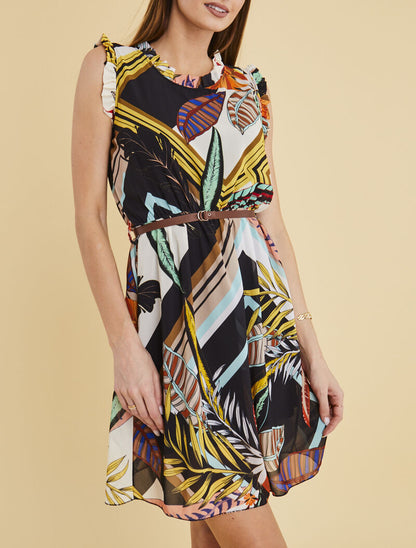 Robe imprimée à col et manches volantées - noir - 1