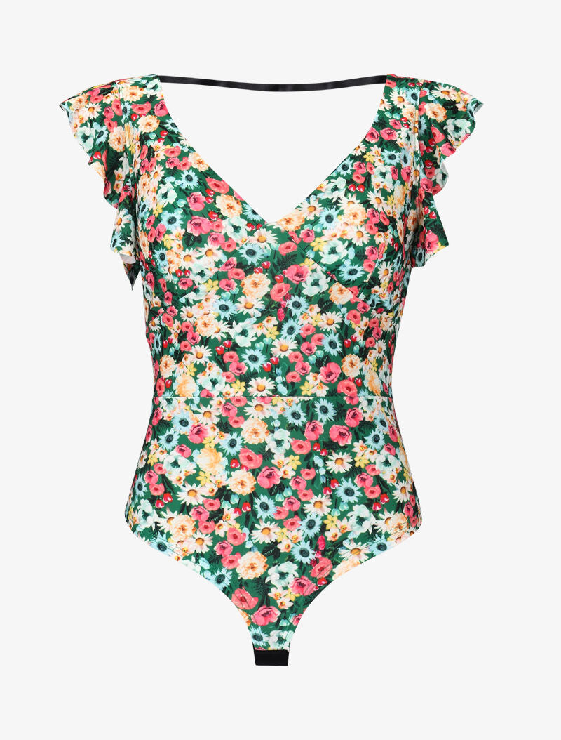 Body volanté à imprimé floral - vert - 1