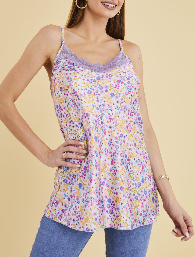 Caraco fleuri à décolleté dentelle - lilas - 4