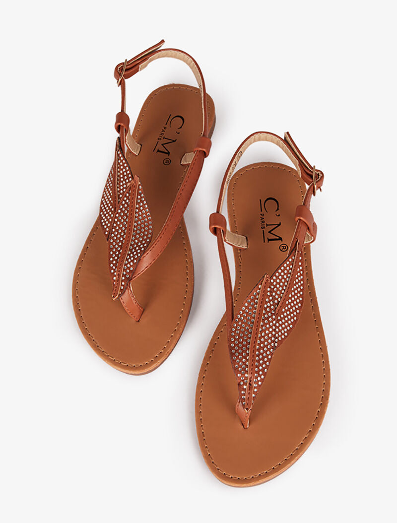 Nu-pieds à double feuille strassées - camel - 1