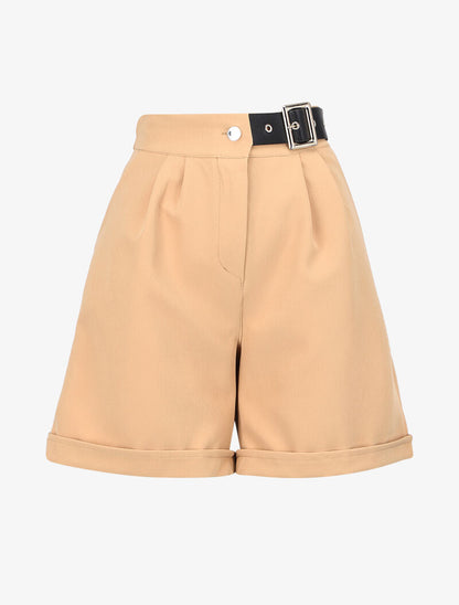 Short ample à ceinture simili - beige - 1