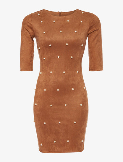 Robe daim à perles - marron - 1