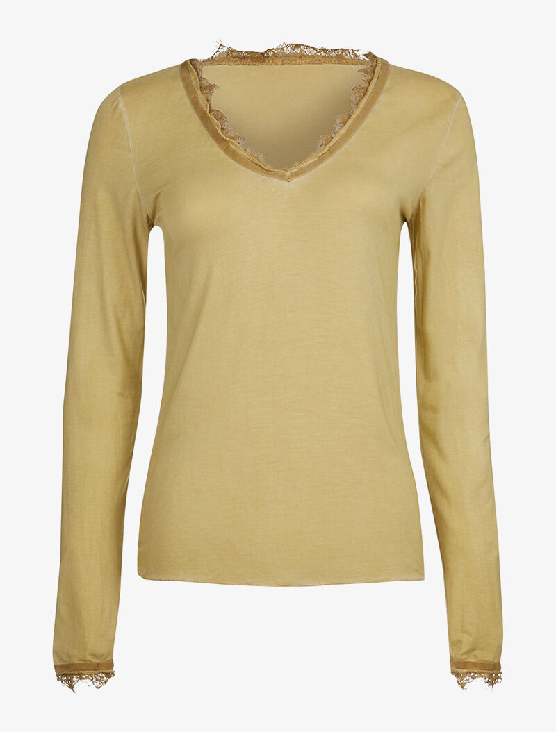 Top fin dentelle effilochée - moutarde - 1