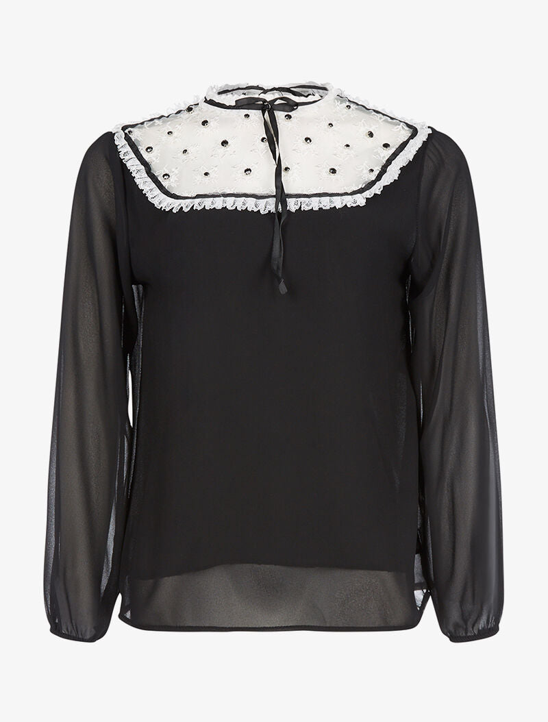 Blouse buste ajouré dentelle plissée - noir - 3