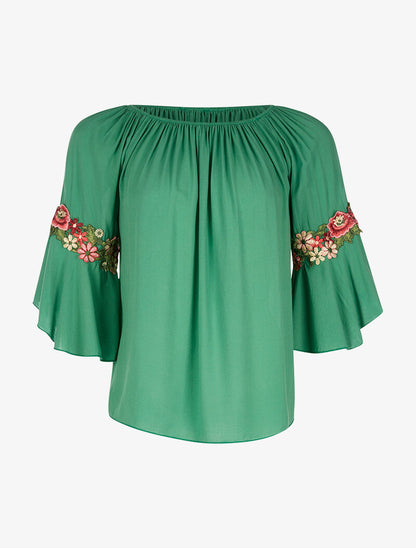 Blouse manches à fleurs brodées - vert - 3