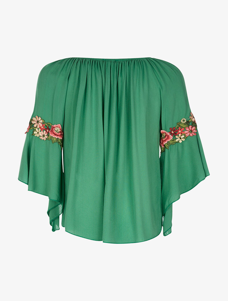 Blouse manches à fleurs brodées - vert - 2
