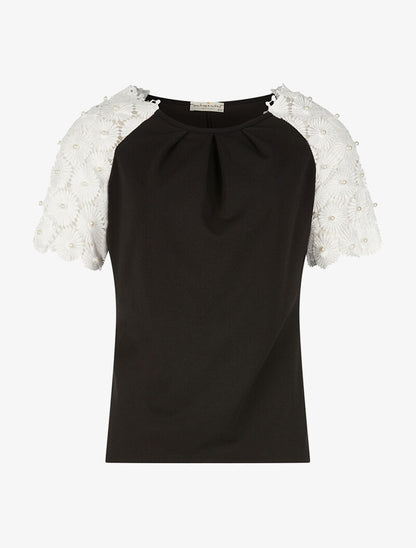 Top manches fleurs en dentelle - noir - 1