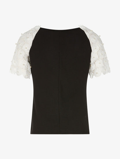 Top manches fleurs en dentelle - noir - 2