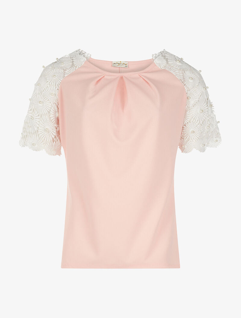 Top manches fleurs en dentelle - rose - 3