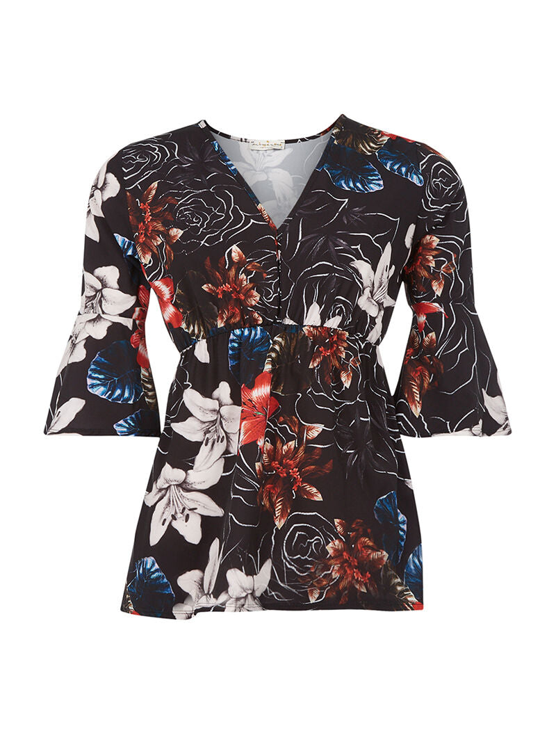 Blouse imprimée taille élastiquée - noir - 1