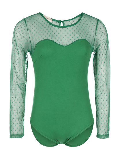 Body manches transparentes à pois - vert - 1