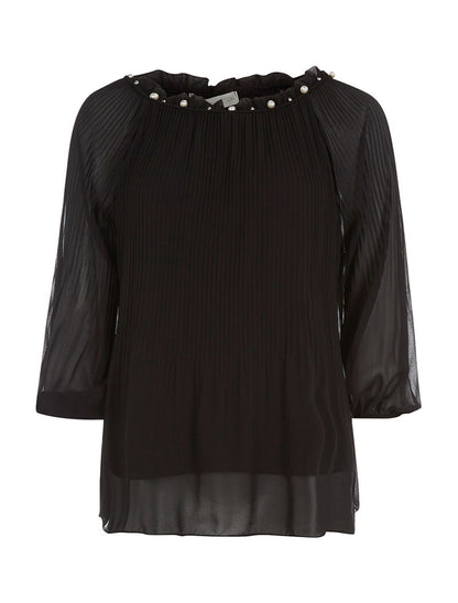 Top voile plissé col perlé - noir - 1