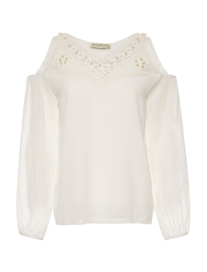 Top épaules nues en voile - blanc - 1