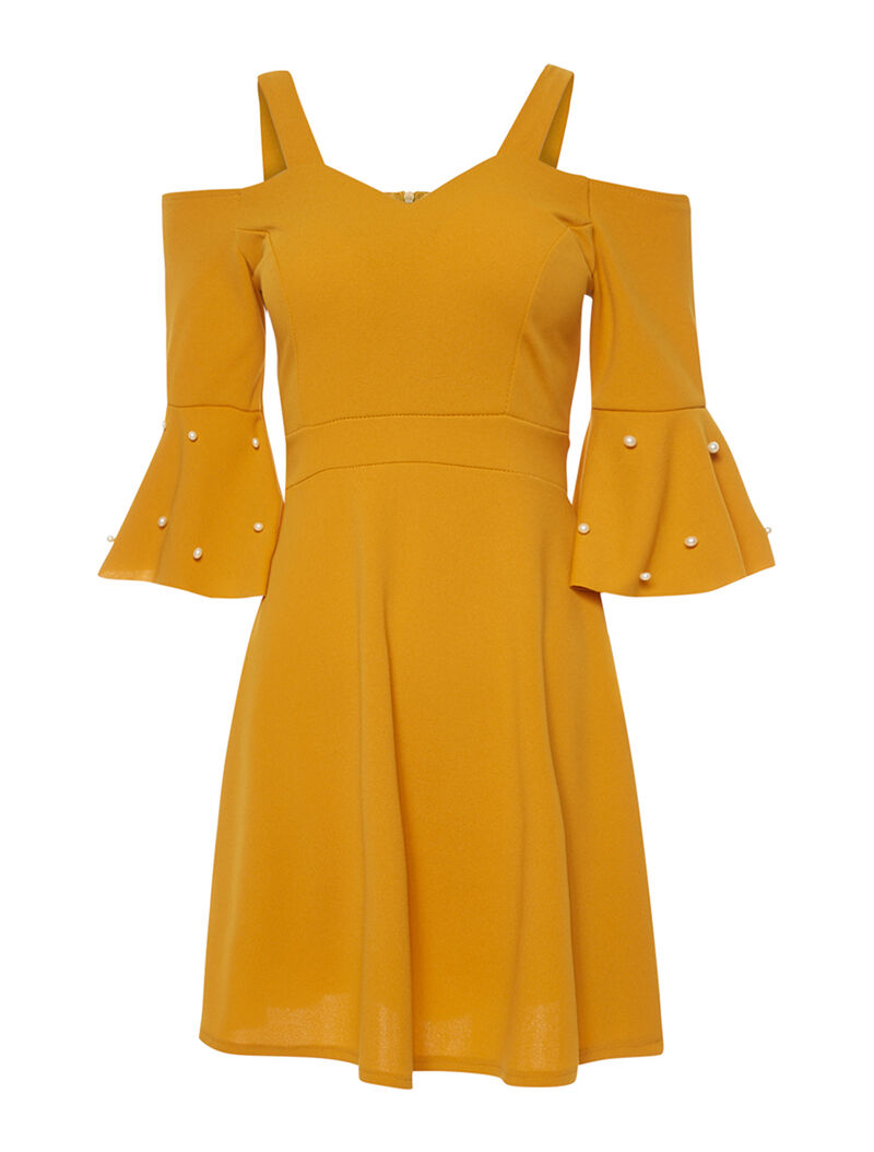 Kleid mit 3/4-Ärmeln und Perlenbesatz - Senf
