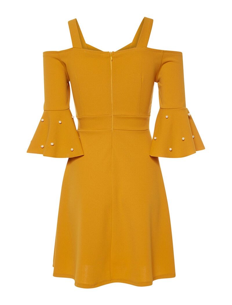 Kleid mit 3/4-Ärmeln und Perlenbesatz - Senf