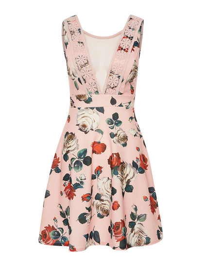 Robe fleurie décolleté bord dentelle - rose - 3