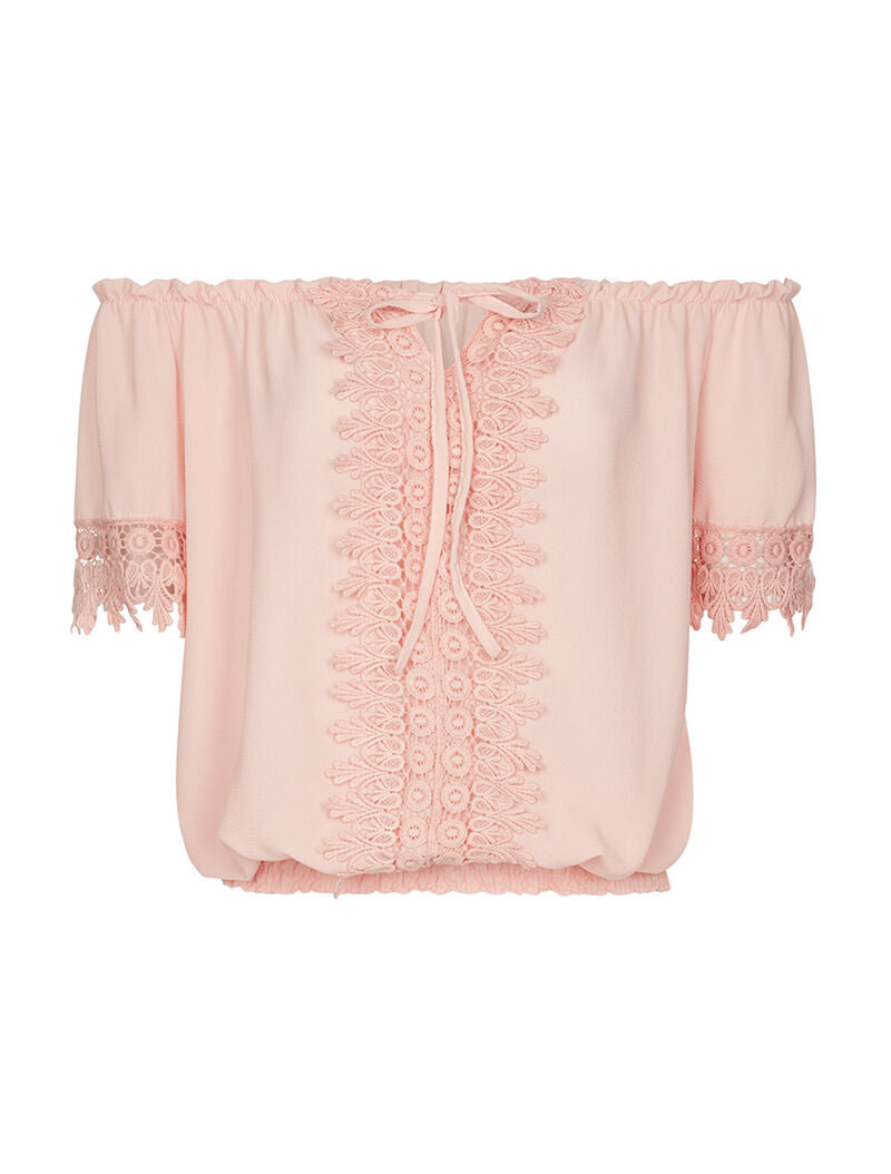 Top mousseline mancherons dentelle - rose - 1