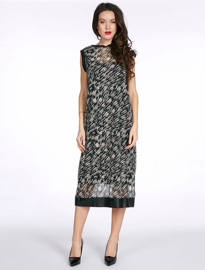 Robe longue imprimée bord simili - beige - 1