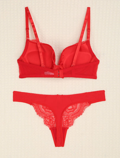 Ensemble en dentelle et tulle à liens - Rouge - 2