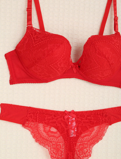 Ensemble en dentelle et tulle à liens - Rouge - 3
