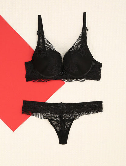 Ensemble en dentelle fleurie à détail noeud - Noir - 4
