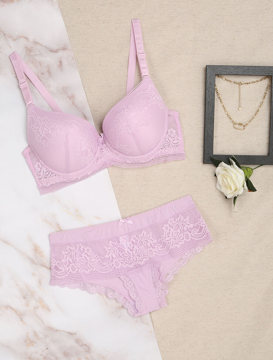 Ensemble grande taille en dentelle fleurie - Lilas - 1