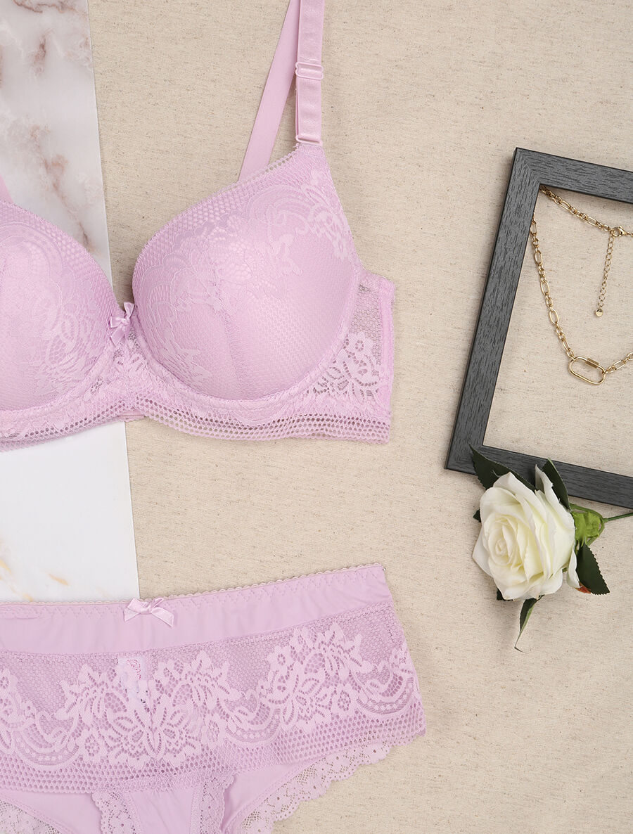 Ensemble grande taille en dentelle fleurie - Lilas - 3