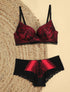 Ensemble à fine broderie fleurie et shorty - Noir/rouge - 1