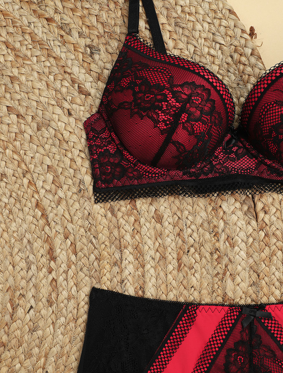 Ensemble à fine broderie fleurie et shorty - Noir/rouge - 3
