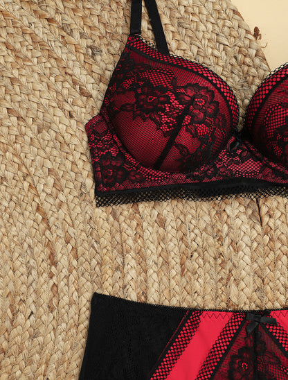 Ensemble à fine broderie fleurie et shorty - Noir/rouge - 3