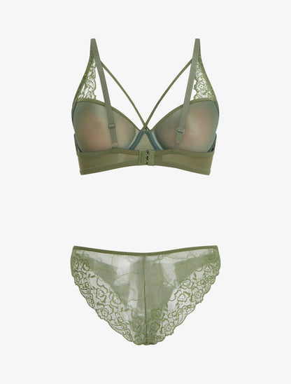Ensemble soutien-gorge et culotte dentelle fine lanières - Kaki - 2