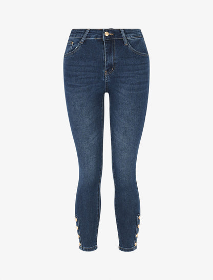Jean push up coupe slim à boutons décoratifs - Bleu - 1