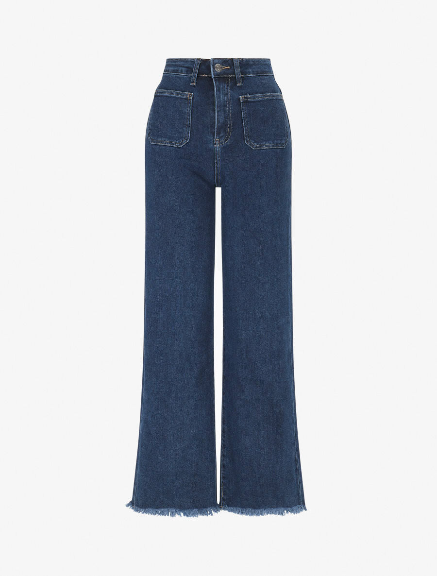 Jean wide leg à bouts effilochés coupe droite - Bleu - 4