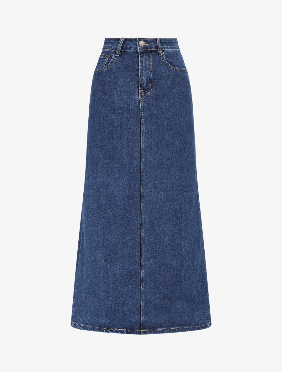 Jupe mi-longue en jean à taille haute - Bleu - 4