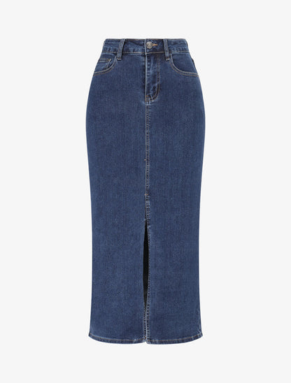 Jupe mi-longue fendue - Bleu - 1