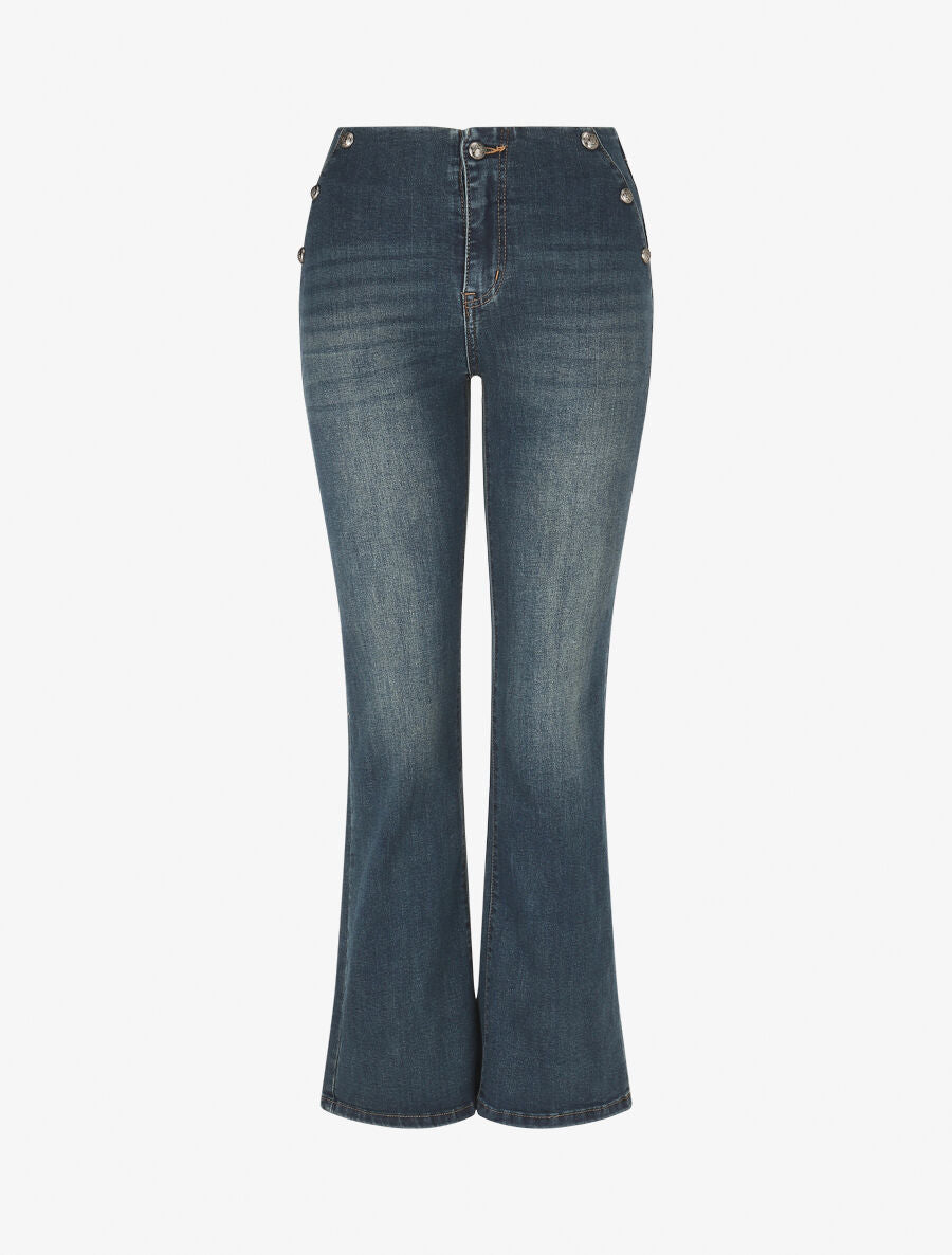 Jean délavé à boutons décoratifs coupe flare - Bleu - 4