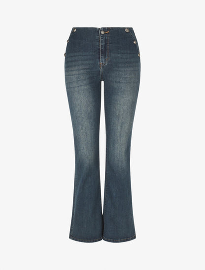 Jean délavé à boutons décoratifs coupe flare - Bleu - 4