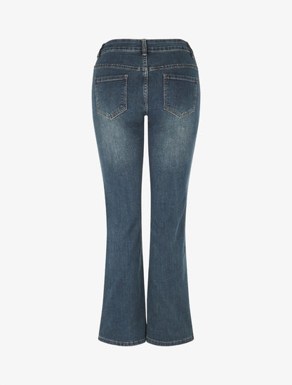 Jean délavé à boutons décoratifs coupe flare - Bleu - 2