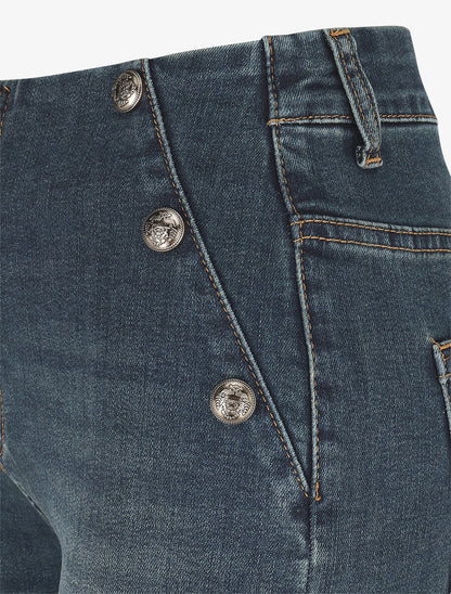 Jean délavé à boutons décoratifs coupe flare - Bleu - 3