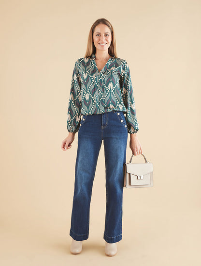 Jean standard à boutons décoratifs coupe flare - Bleu - 4