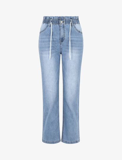 Jean droit taille haute élastiquée - Bleu - 4