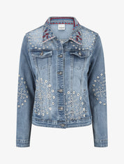 Veste en jean brodée et strass - Bleu - 4